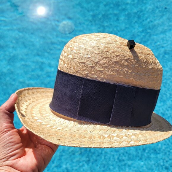 CHANEL Straw Hat Beige, Black Ribbon band, size 57, 7-1/8 US, 22.5 in. vintage - Picture 7 of 14